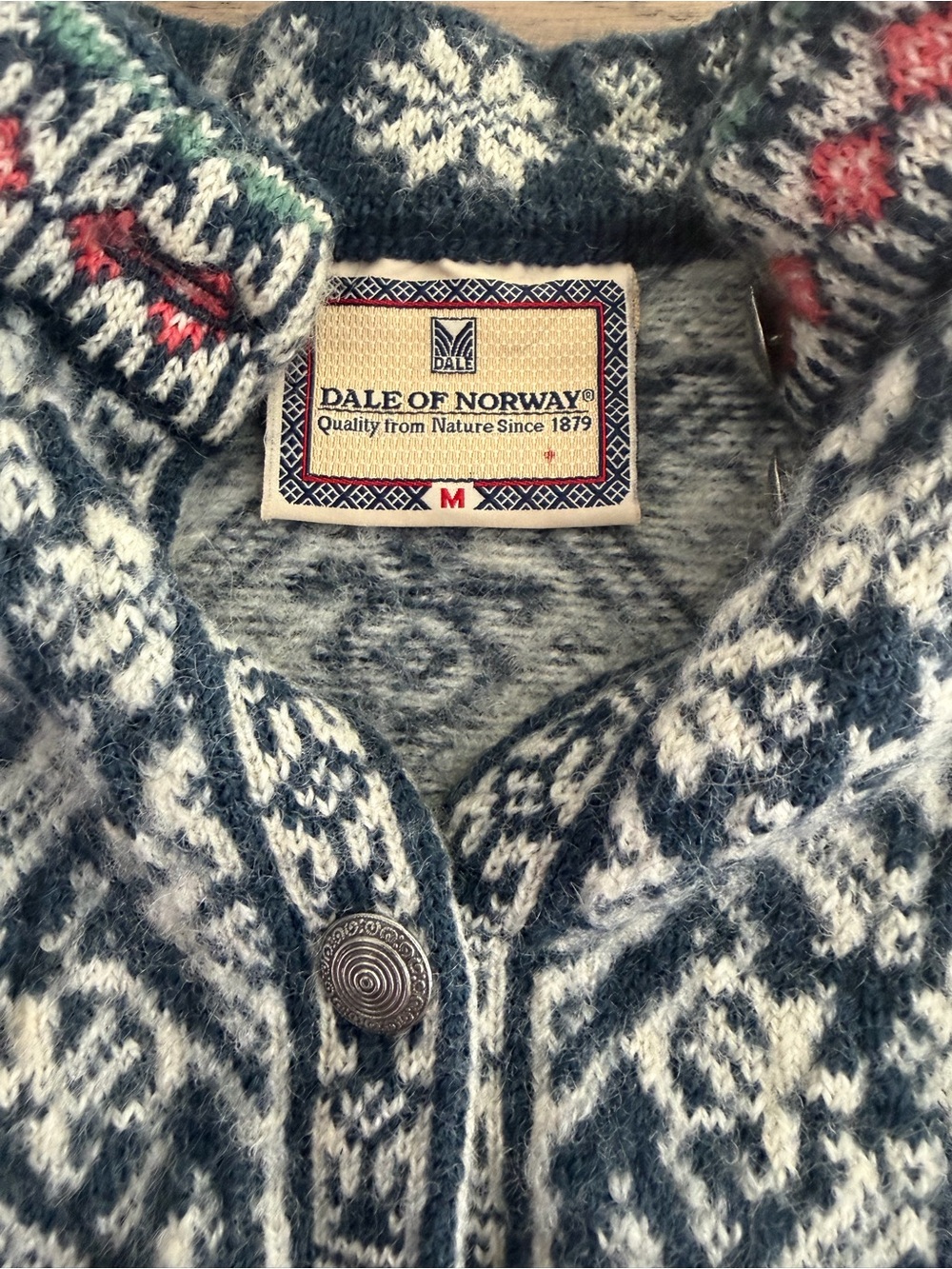 Dale of Norway Men's Blue and White Nordic Wool Cardigan with Red Accents